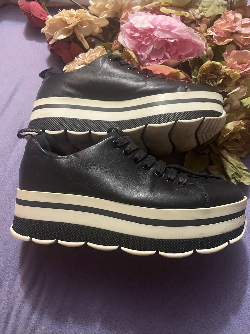 Prada Black Low-Top Leather Sneakers with White Trim